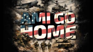 Grafik-Collage mit dem großen Schriftzug „AMI GO HOME“, hinterlegt mit der US-Flagge, umgeben von US-Militärgerät wie einem Bomber, Kampfhubschrauber, Panzer und Soldaten im Einsatz.