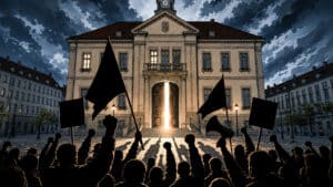 Dramatische Protestszene vor einem Rathaus mit Menschenmenge, Fahnen und erhobenen Fäusten als Symbol für die RATHAUSREVOLTE und kommunale Gegenmacht.