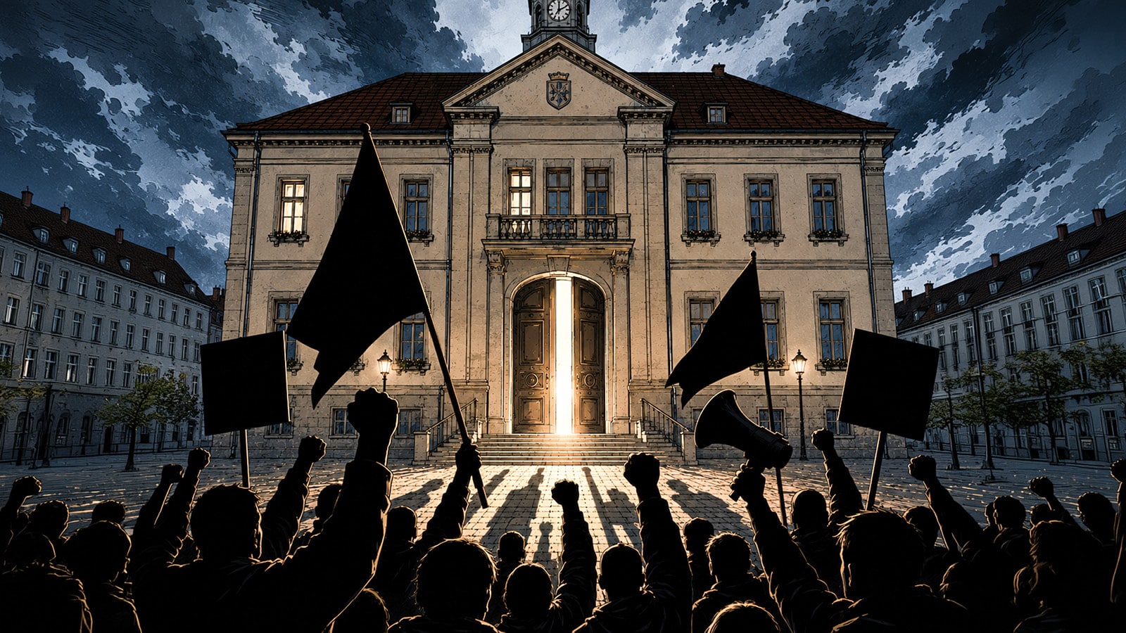 Dramatische Protestszene vor einem Rathaus mit Menschenmenge, Fahnen und erhobenen Fäusten als Symbol für die RATHAUSREVOLTE und kommunale Gegenmacht.