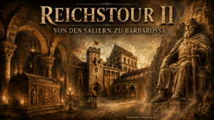 Historisch gestaltete Illustration zu „Reichstour II“ mit romanischer Kaisergruft, mittelalterlicher Kaiserpfalz und einer monumentalen Barbarossa-Figur; darüber der Titel „Reichstour II – Von den Saliern zu Barbarossa“, unten rechts der Hinweis „Illustration: KI-generiert“.