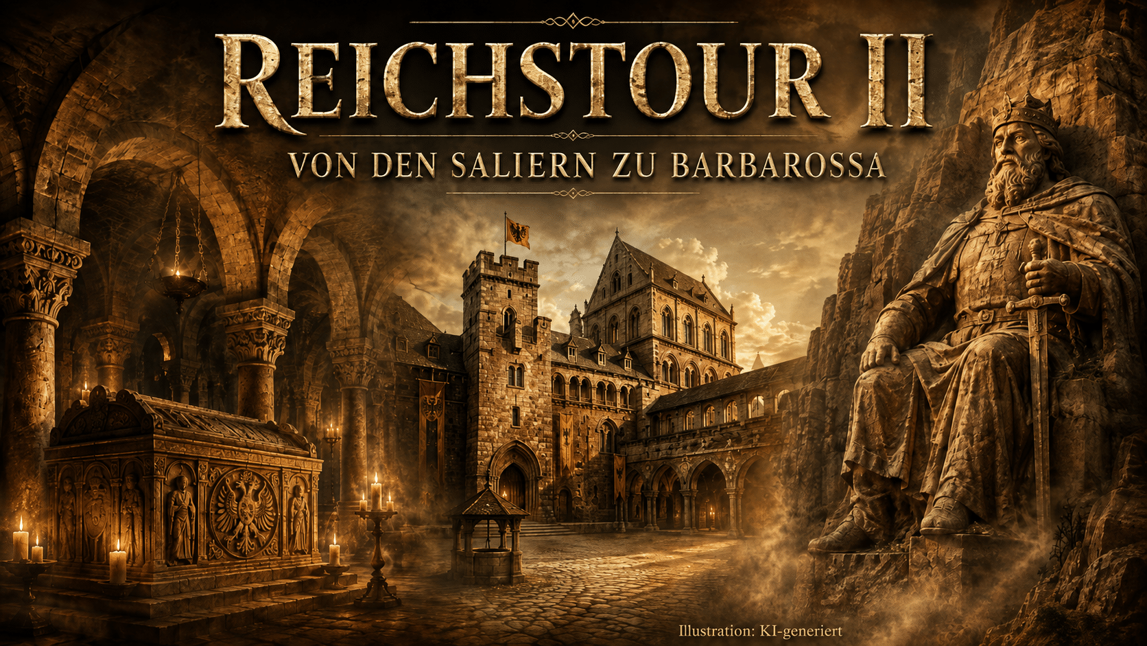 Historisch gestaltete Illustration zu „Reichstour II“ mit romanischer Kaisergruft, mittelalterlicher Kaiserpfalz und einer monumentalen Barbarossa-Figur; darüber der Titel „Reichstour II – Von den Saliern zu Barbarossa“, unten rechts der Hinweis „Illustration: KI-generiert“.